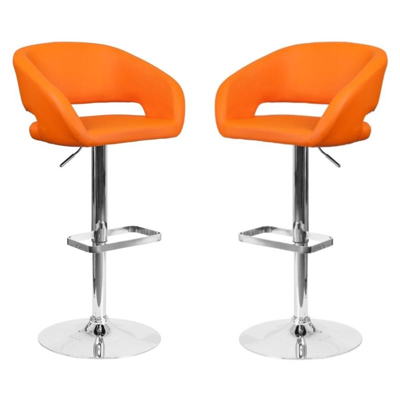 Pemberly Row Faux Leather Adjustable Bar Stool in Orange Finish - Set of 2
