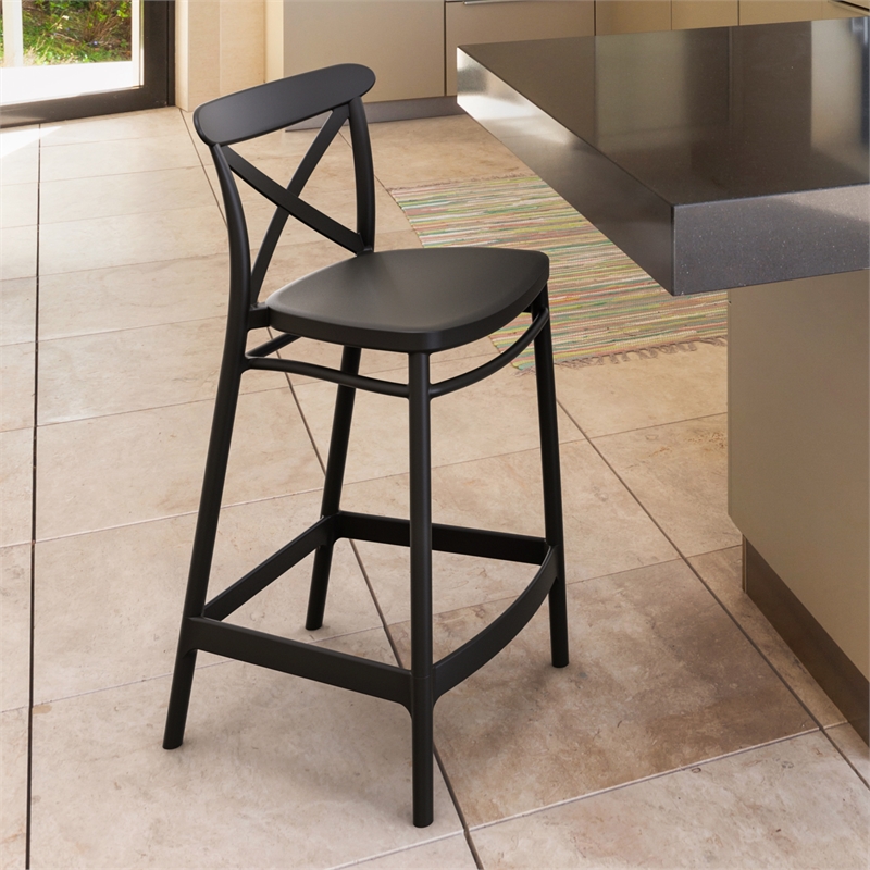 Pemberly Row Cross Indoor Outdoor Counter Stool in Black - Set of 2