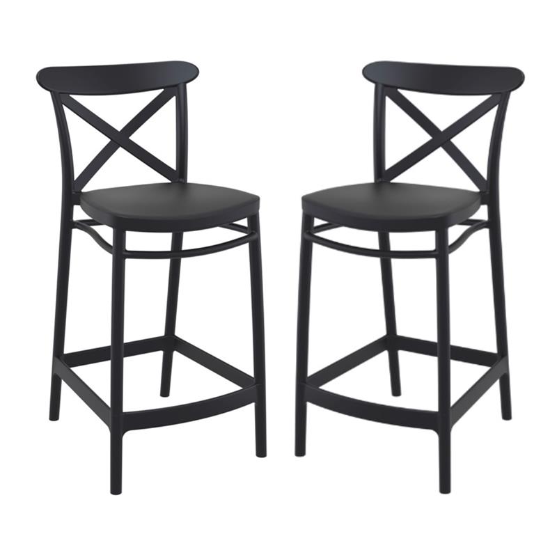 Pemberly Row Cross Indoor Outdoor Counter Stool in Black - Set of 2