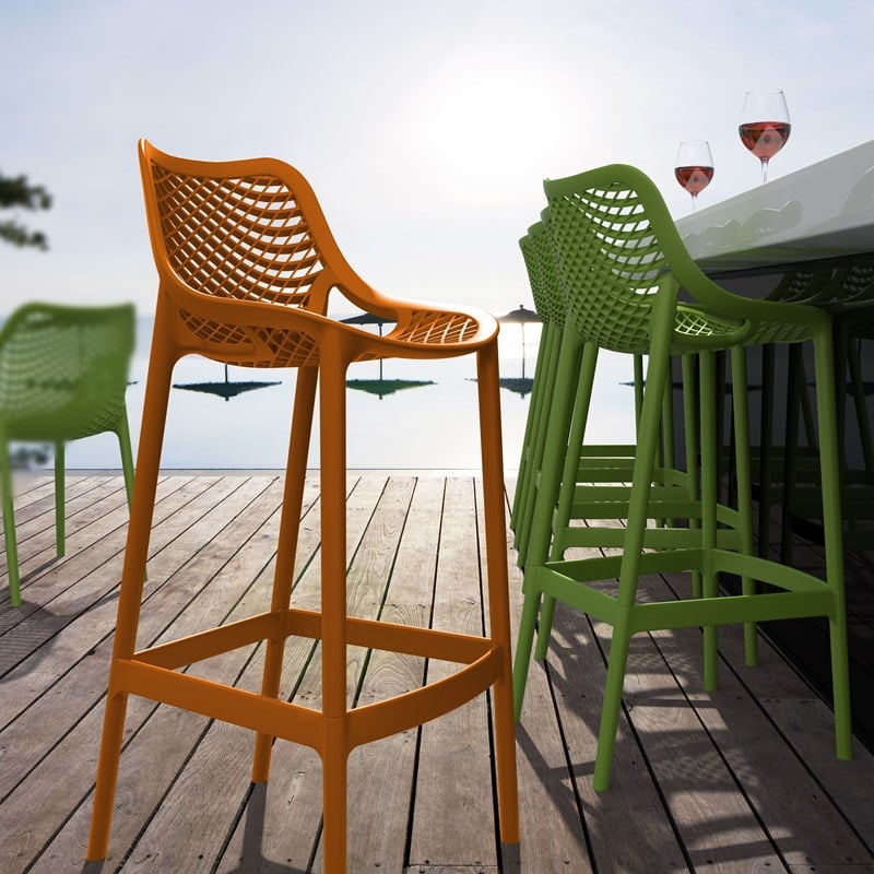 Pemberly Row Polypropylene Patio Bar Stool in Orange - Set of 2