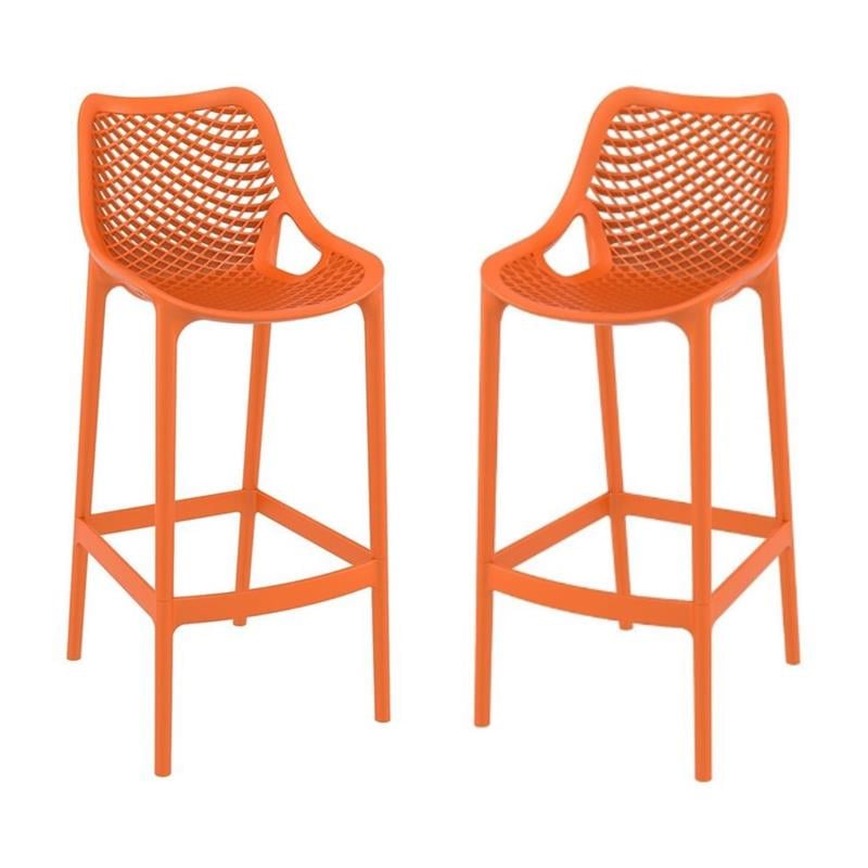 Pemberly Row Polypropylene Patio Bar Stool in Orange - Set of 2