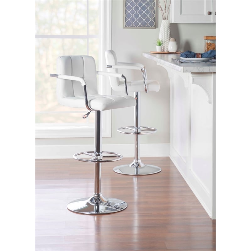 Pemberly Row Quilted Back Metal Swivel Bar Stool in Chrome and White - Set of 2