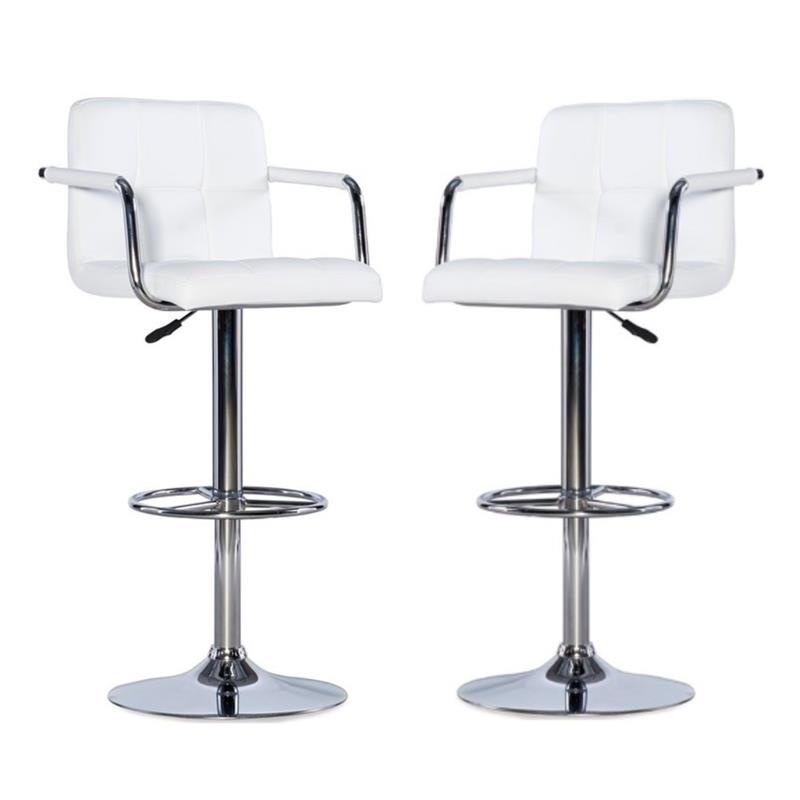 Pemberly Row Quilted Back Metal Swivel Bar Stool in Chrome and White - Set of 2