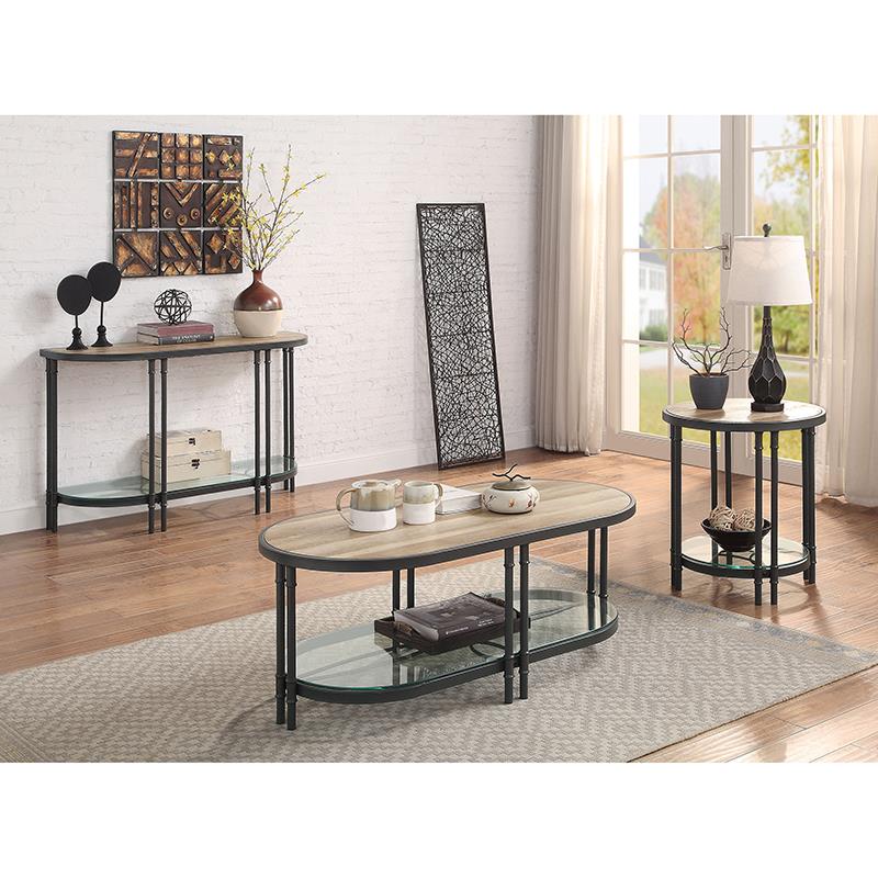 Pemberly Row Oval Wooden Coffee Table in Oak and Sandy Black