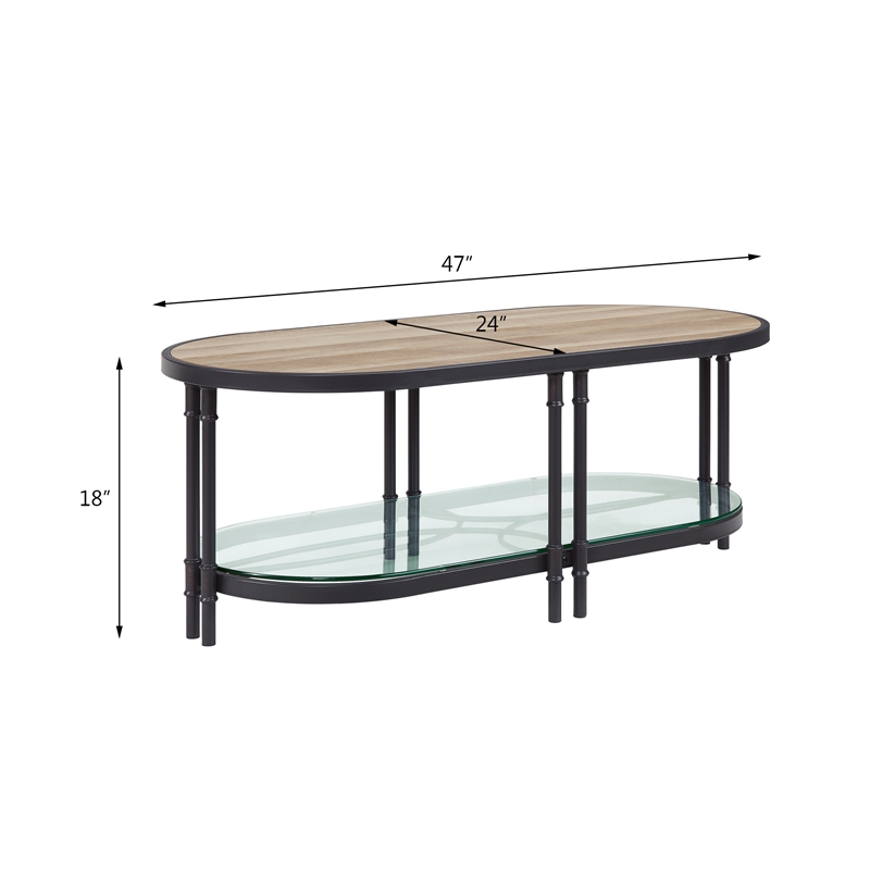 Pemberly Row Oval Wooden Coffee Table in Oak and Sandy Black