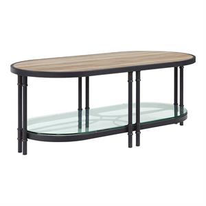 Pemberly Row Oval Wooden Coffee Table in Oak and Sandy Black