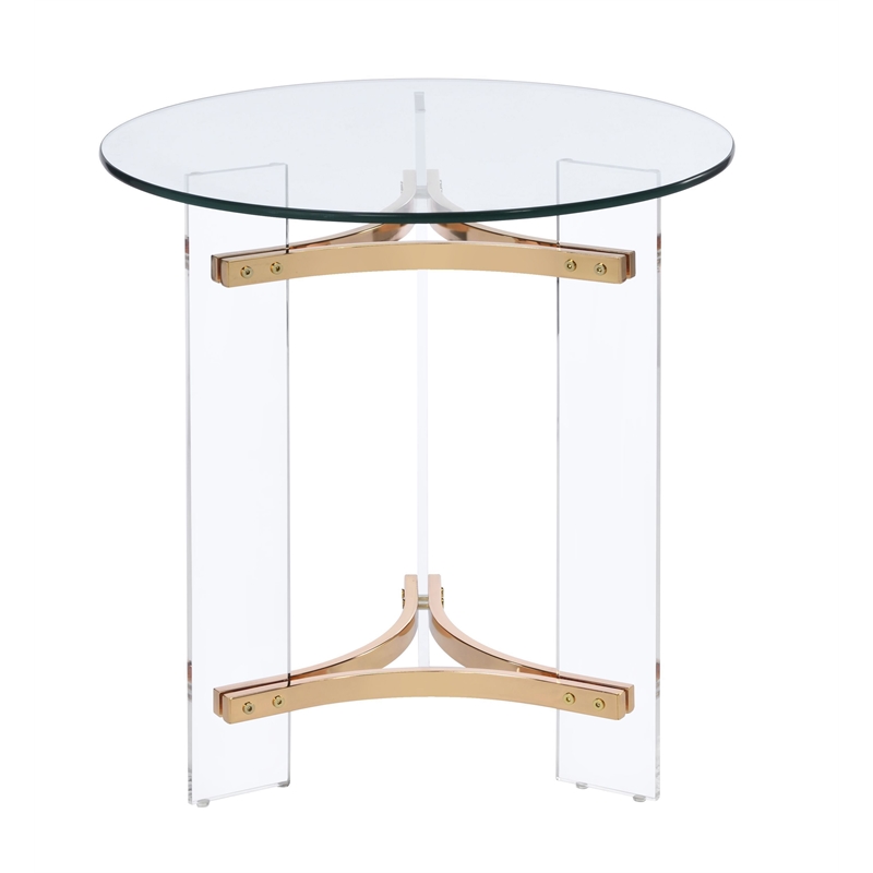 Pemberly Row Round Tempered Glass Top End Table in Clear and Gold
