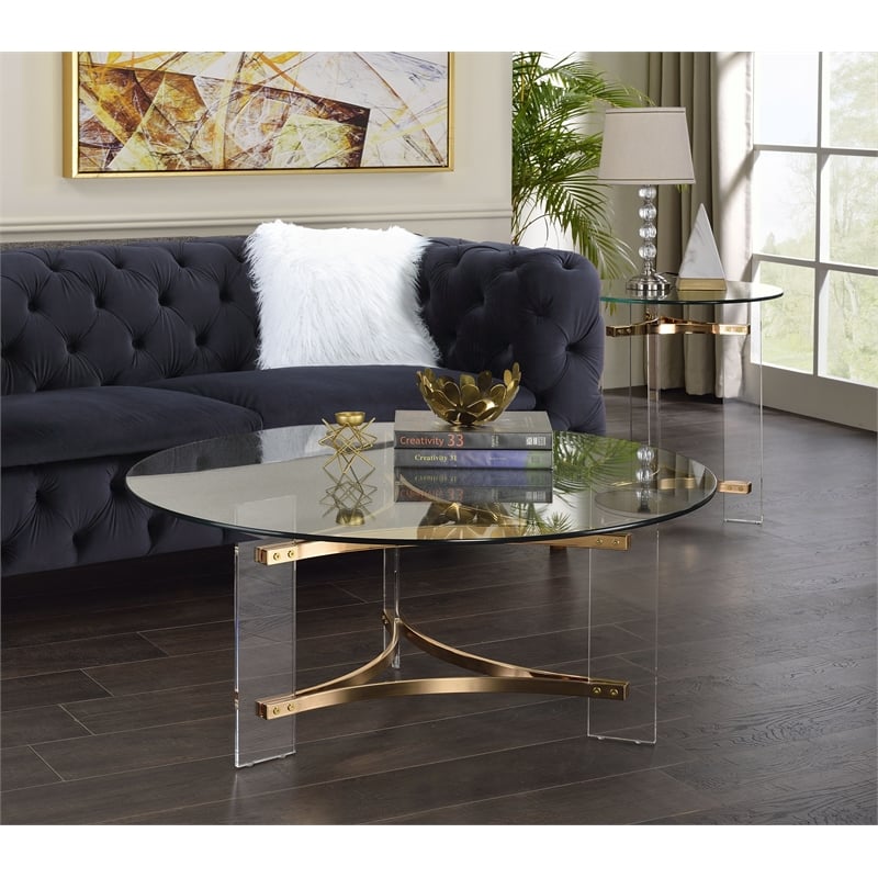 Pemberly Row Round Tempered Glass Top End Table in Clear and Gold