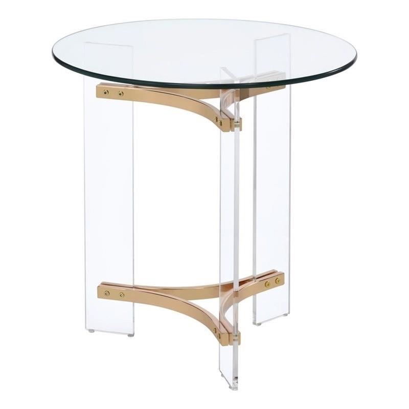 Pemberly Row Round Tempered Glass Top End Table in Clear and Gold