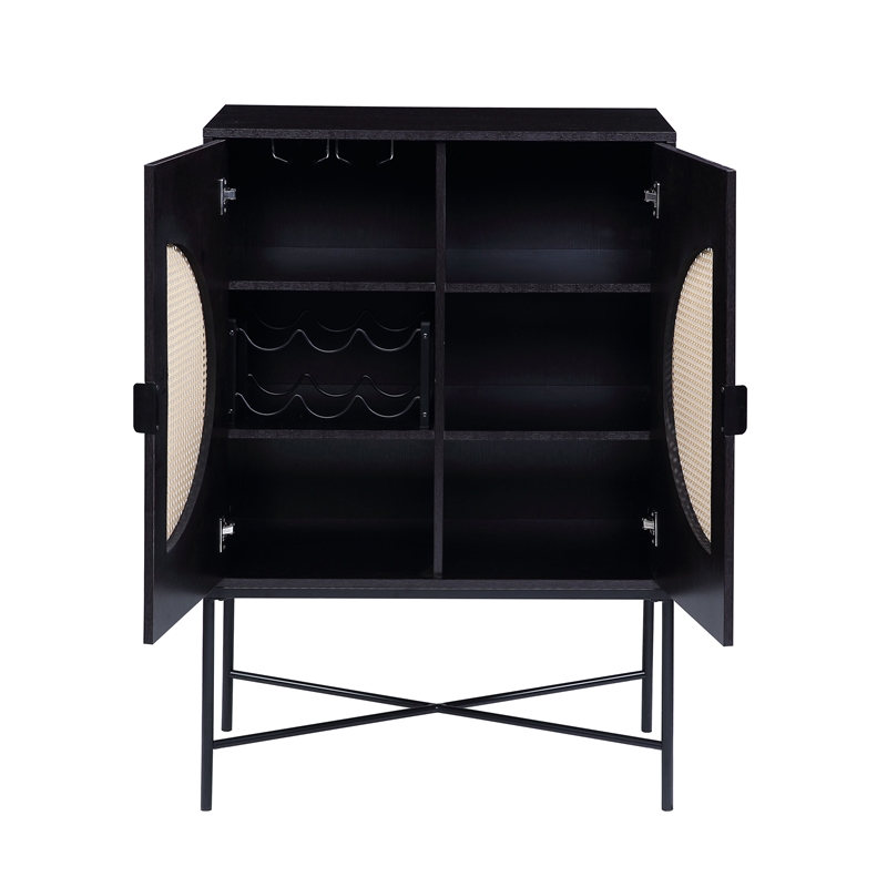 Pemberly Row 2-door Rectangular Wine Cabinet with Rattan Insert in Black