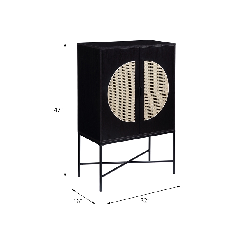 Pemberly Row 2-door Rectangular Wine Cabinet with Rattan Insert in Black