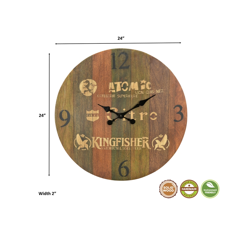 Pemberly Row Contemporary Solid Wood Wall Clock in Brown/Green