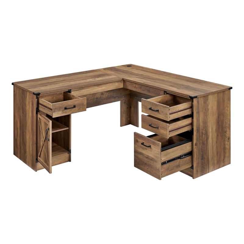 Pemberly Row Contemporary L-Shape Executive Desk in Rustic Oak