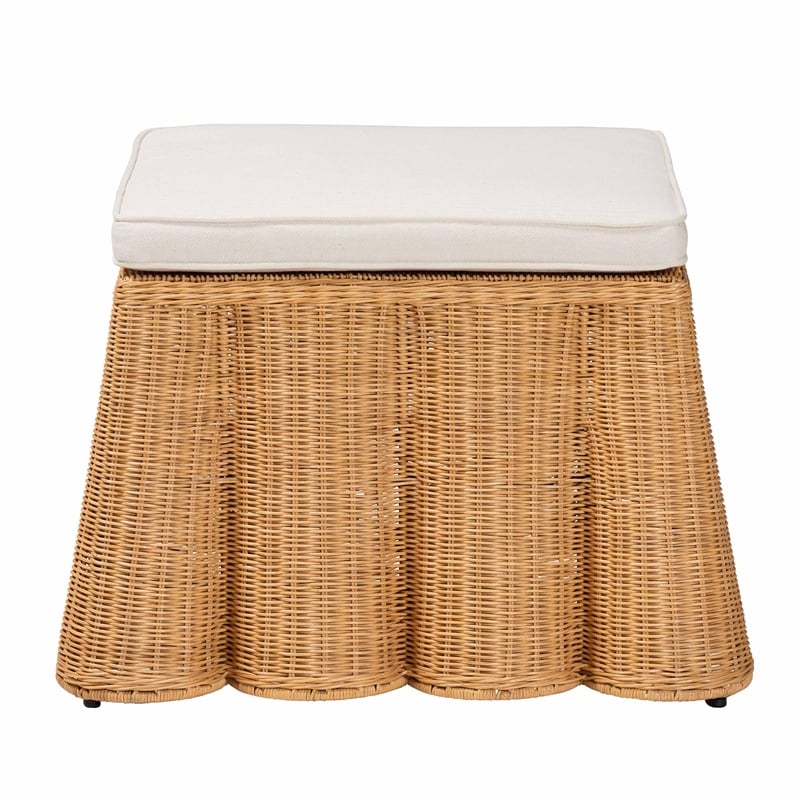 Pemberly Row Contemporary Bohemian Honey Scallop Rattan Ottoman