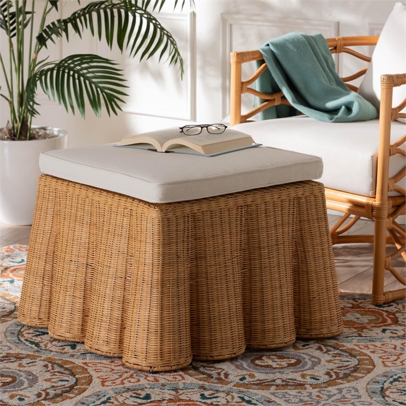 Pemberly Row Contemporary Bohemian Honey Scallop Rattan Ottoman