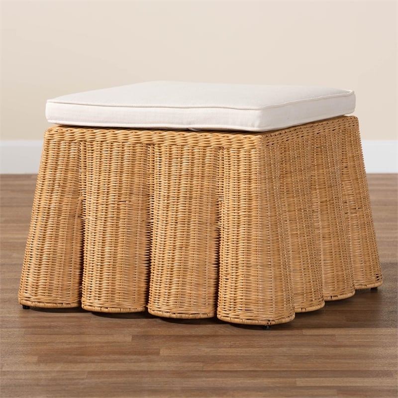 Pemberly Row Contemporary Bohemian Honey Scallop Rattan Ottoman