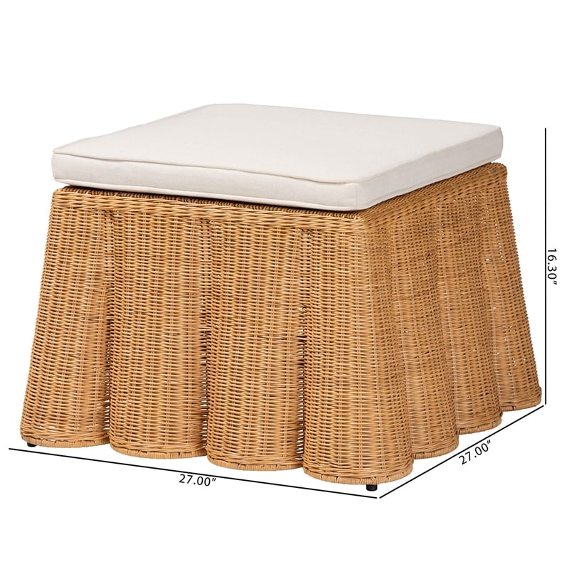 Pemberly Row Contemporary Bohemian Honey Scallop Rattan Ottoman