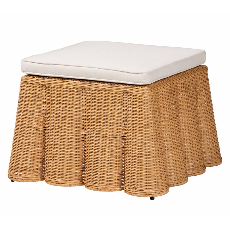 Pemberly Row Contemporary Bohemian Honey Scallop Rattan Ottoman