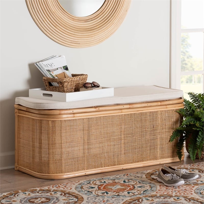 Pemberly Row Contemporary Bohemian Natural Rattan Storage Bench
