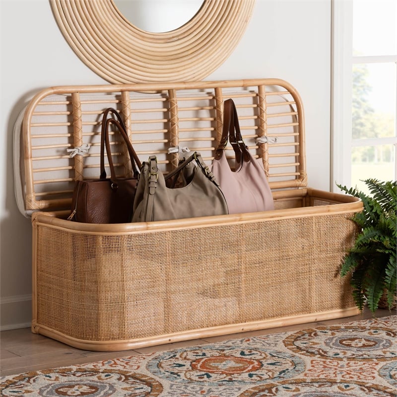 Pemberly Row Contemporary Bohemian Natural Rattan Storage Bench