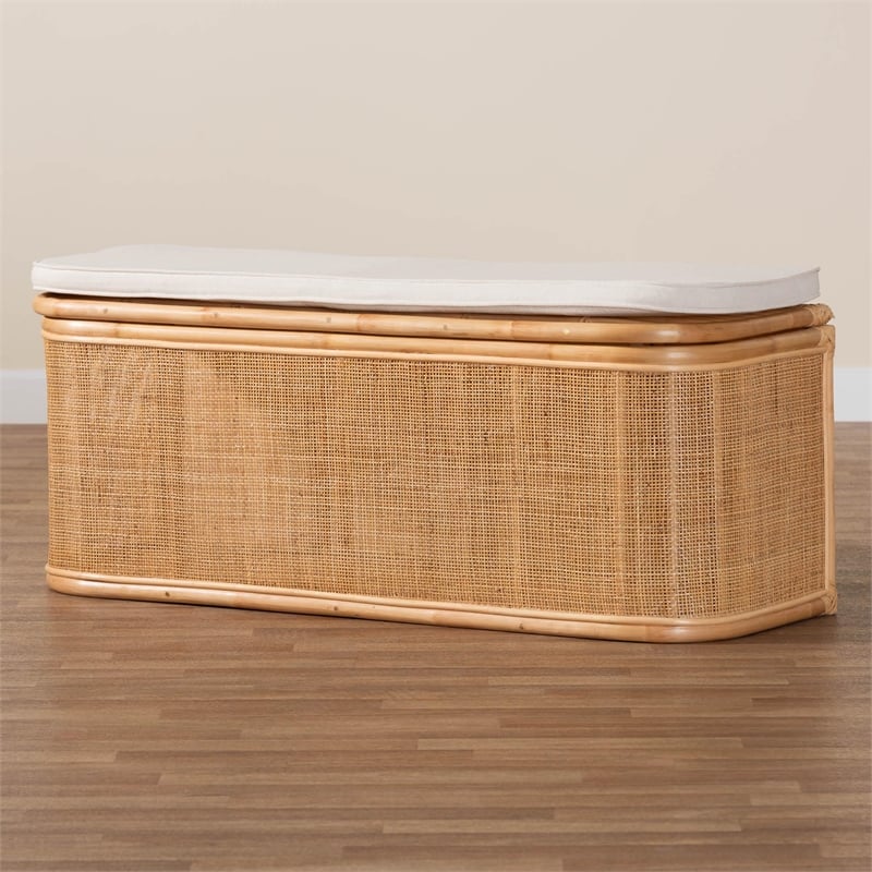 Pemberly Row Contemporary Bohemian Natural Rattan Storage Bench