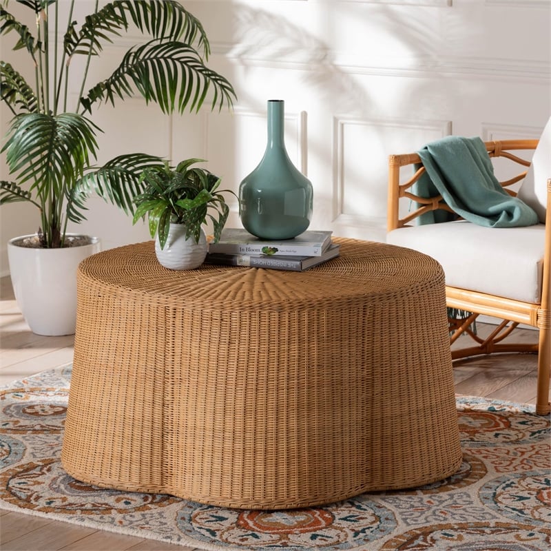 Pemberly Row Contemporary Bohemian Honey Scallop Rattan Coffee Table