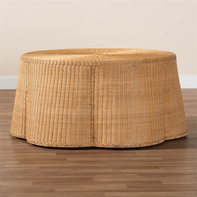 Pemberly Row Contemporary Bohemian Honey Scallop Rattan Coffee Table