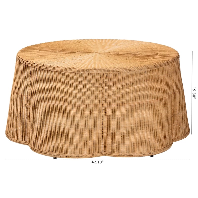 Pemberly Row Contemporary Bohemian Honey Scallop Rattan Coffee Table