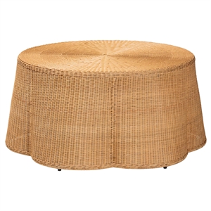 Pemberly Row Contemporary Bohemian Honey Scallop Rattan Coffee Table