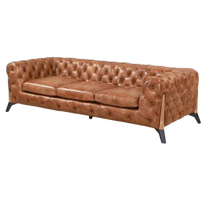 Pemberly Row Leather Tufted Chesterfield Sofa in Light Brown