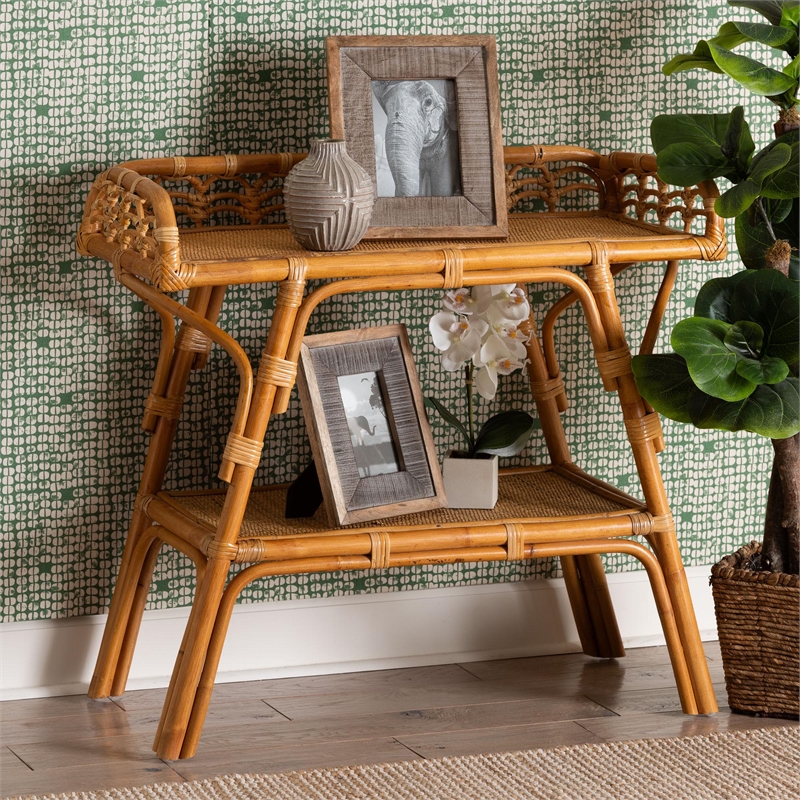 Pemberly Row Modern Bohemian Natural Rattan 2-Tier Console Table