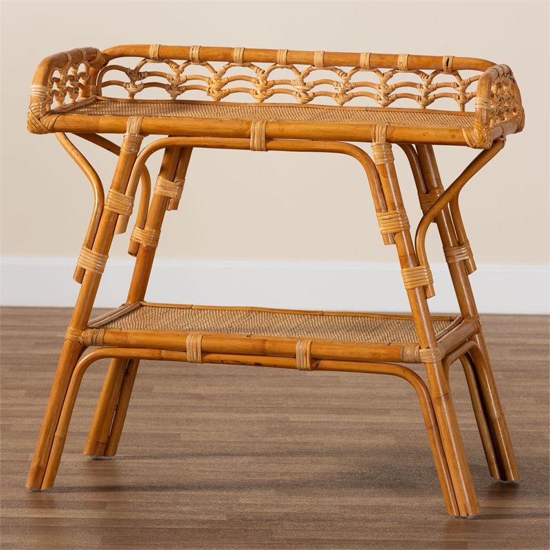 Pemberly Row Modern Bohemian Natural Rattan 2-Tier Console Table