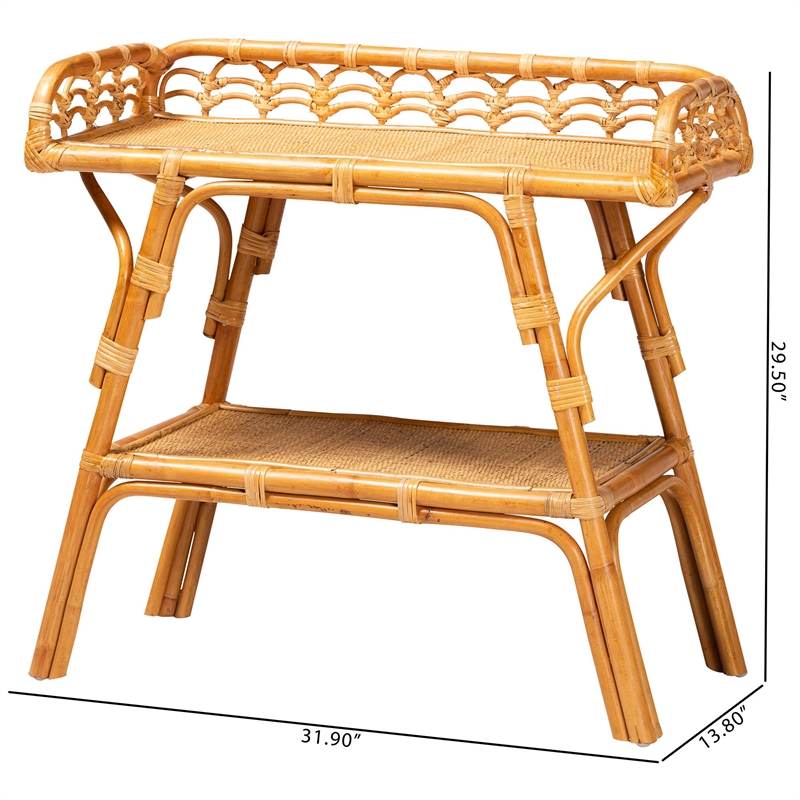 Pemberly Row Modern Bohemian Natural Rattan 2-Tier Console Table