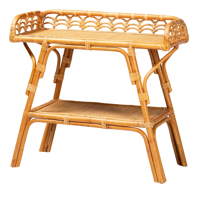 Pemberly Row Modern Bohemian Natural Rattan 2-Tier Console Table