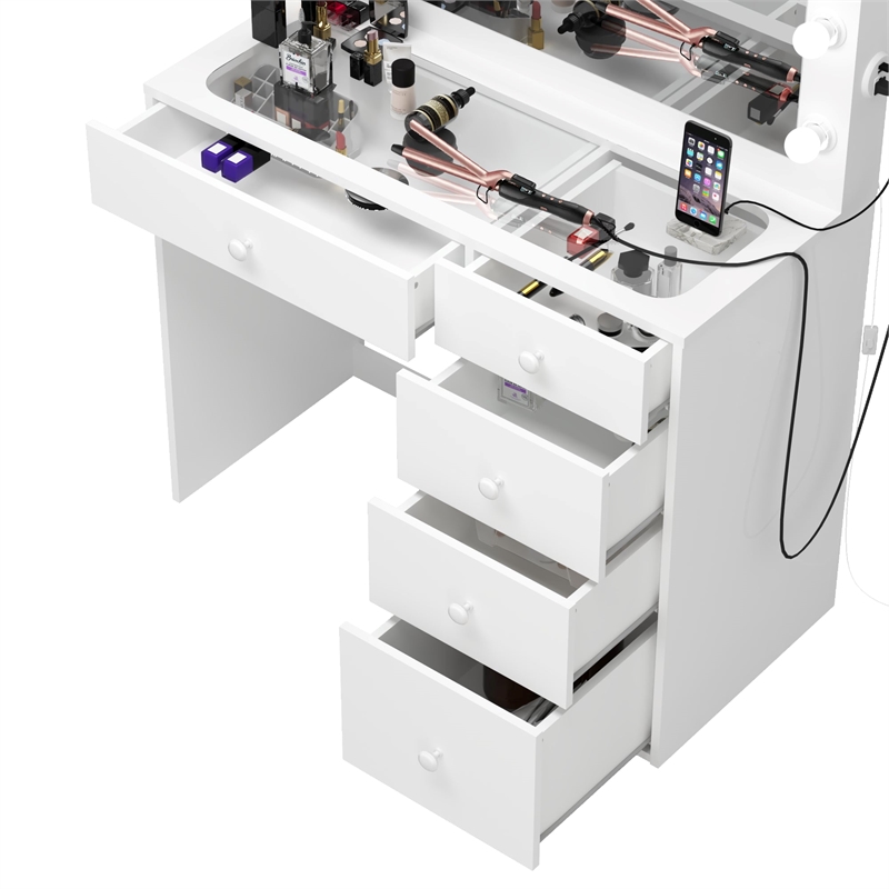 Pemberly Row Vanity Makeup Desk White Basic Knobs Manufactured Wood