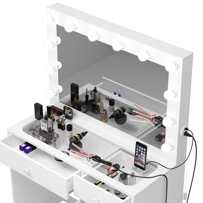 Pemberly Row Vanity Makeup Desk White Basic Knobs Manufactured Wood