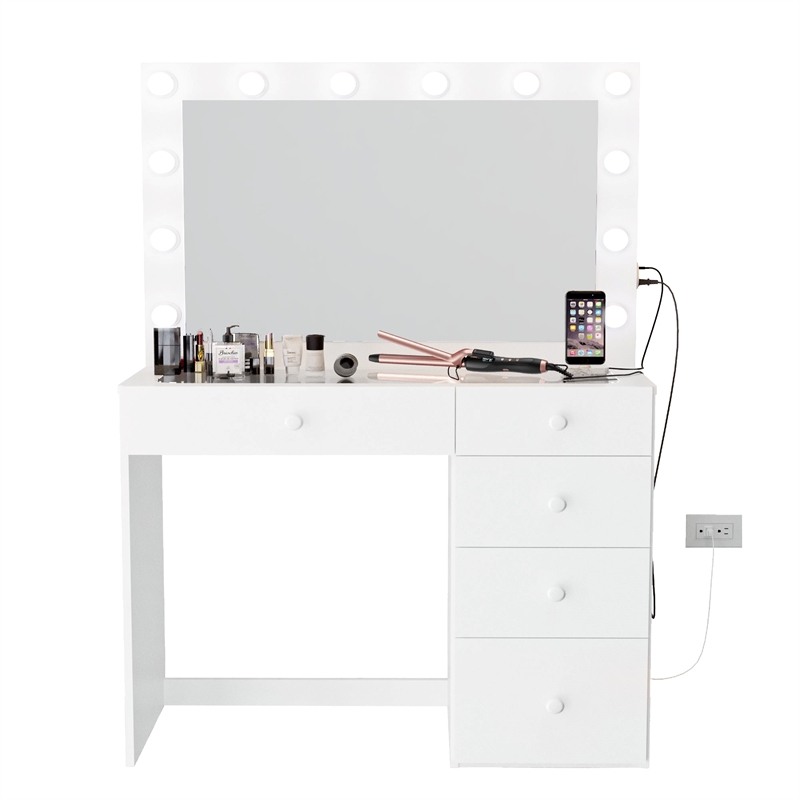 Pemberly Row Vanity Makeup Desk White Basic Knobs Manufactured Wood