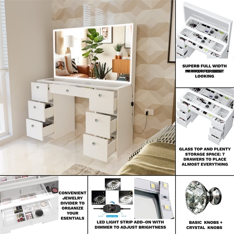 Pemberly Row White Vanity Desk Lights 7 Drawers Mirror Crystal Knobs