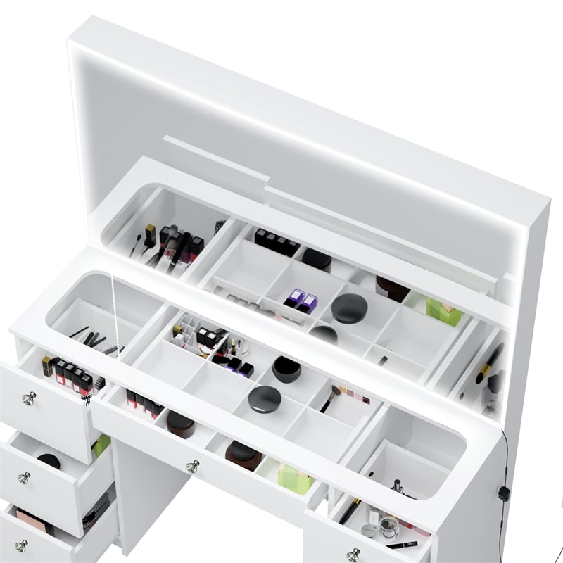 Pemberly Row White Vanity Desk Lights 7 Drawers Mirror Crystal Knobs