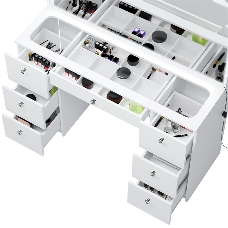 Pemberly Row White Vanity Desk Lights 7 Drawers Mirror Crystal Knobs