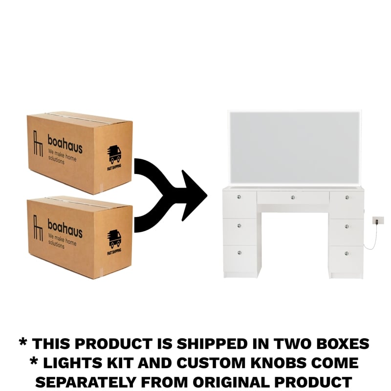 Pemberly Row White Vanity Desk Lights 7 Drawers Mirror Crystal Knobs