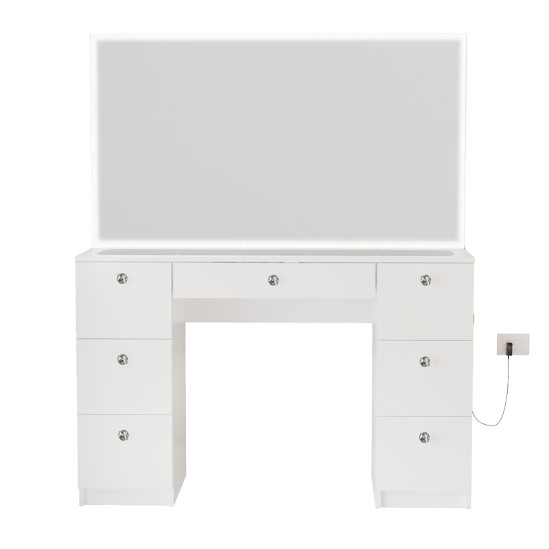 Pemberly Row White Vanity Desk Lights 7 Drawers Mirror Crystal Knobs