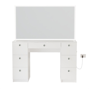 Pemberly Row White Vanity Desk Lights 7 Drawers Mirror Crystal Knobs