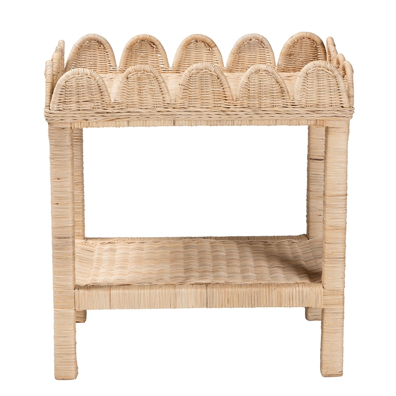 Pemberly Row Bohemian Scallop Natural Rattan and Mahogany Side Table