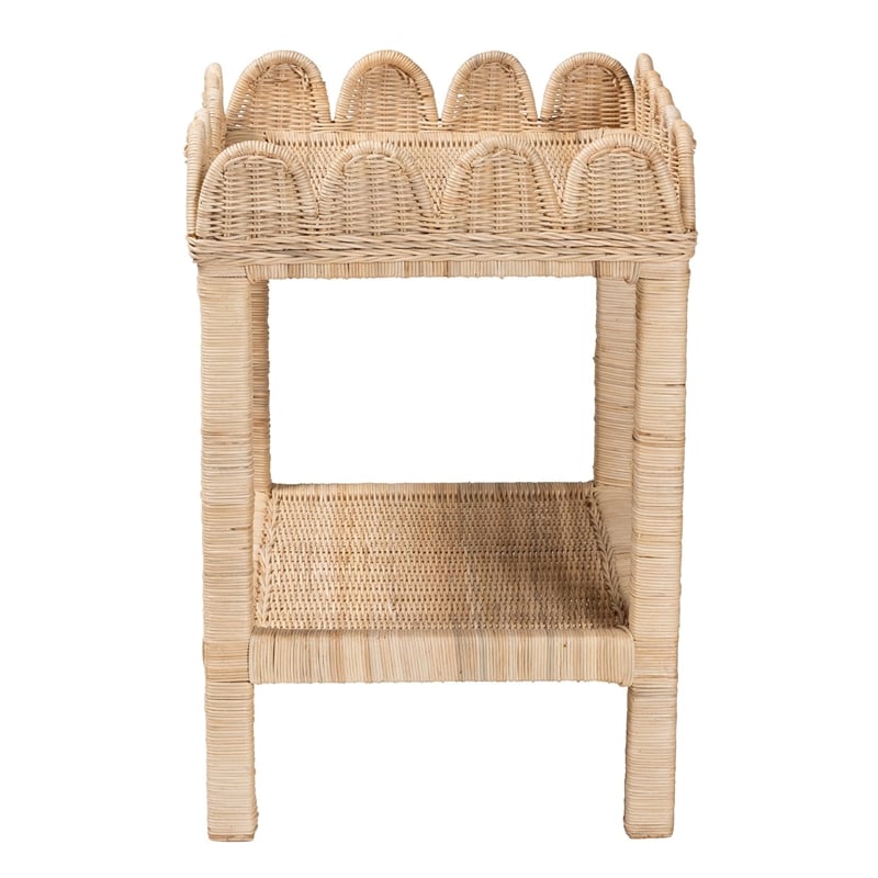 Pemberly Row Bohemian Scallop Natural Rattan and Mahogany Side Table