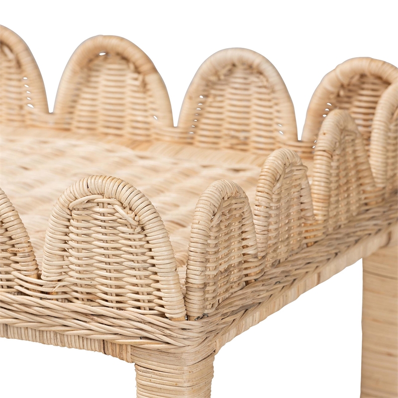 Pemberly Row Bohemian Scallop Natural Rattan and Mahogany Side Table