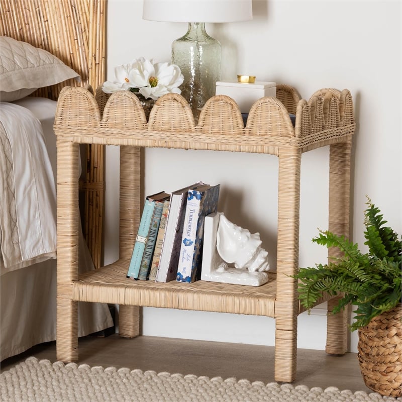 Pemberly Row Bohemian Scallop Natural Rattan and Mahogany Side Table