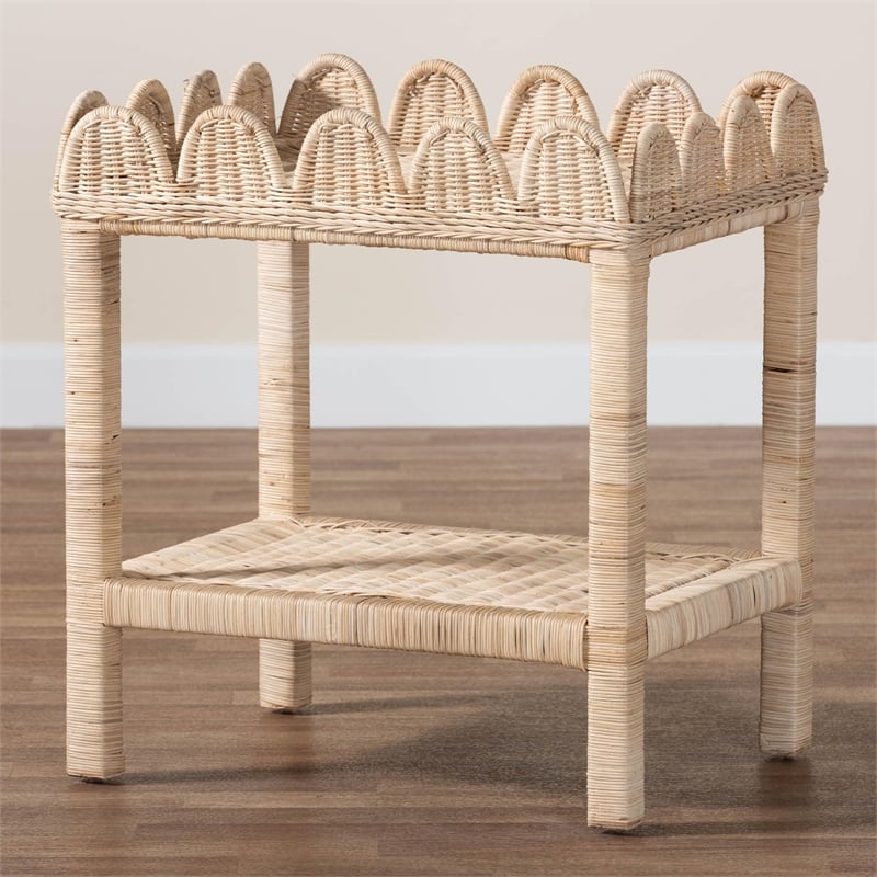 Pemberly Row Bohemian Scallop Natural Rattan and Mahogany Side Table