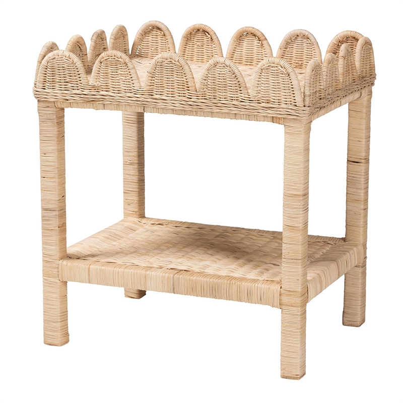 Pemberly Row Bohemian Scallop Natural Rattan and Mahogany Side Table