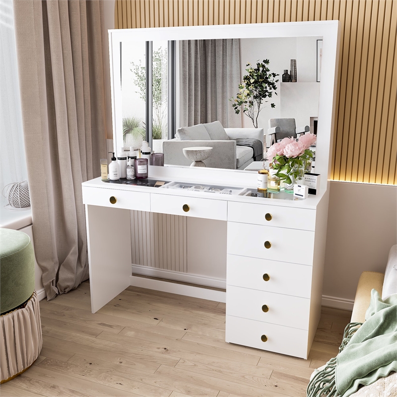 Pemberly Row White Makeup Vanity with 7 Drawers and Mirror Golden Knobs